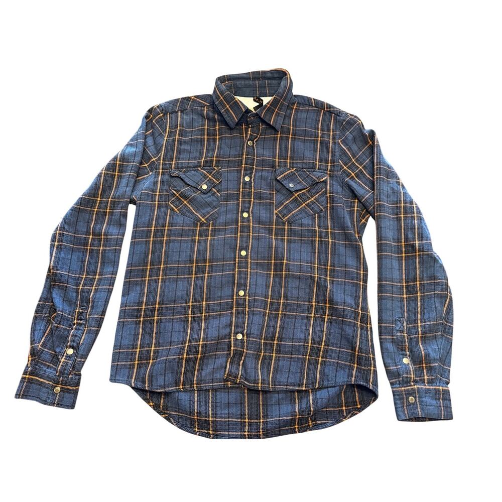 Large Nudie Jeans Co Flannel Shirt Navy Orange Plaid Western Snap Front Cotton